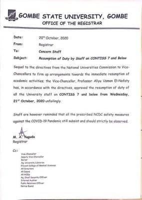 GOMSU directs staff to resume