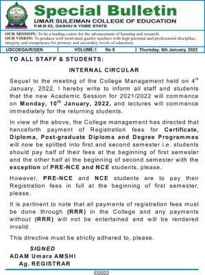 USCOEGA notice on commencement of 2021/2022 Session