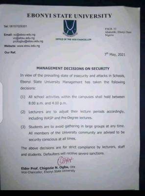 EBSU notice to staff and students on security