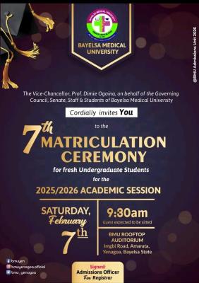 Bayelsa Medical University announces 7th Matriculation Ceremony