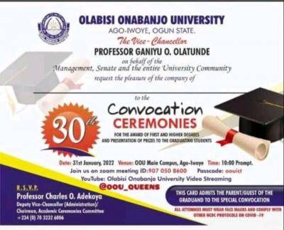OOU announces 30th convocation ceremony