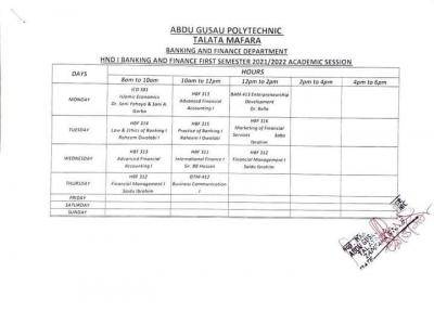 AbduGusau Polytechnic first semester Lecture timetable, 2021/2022