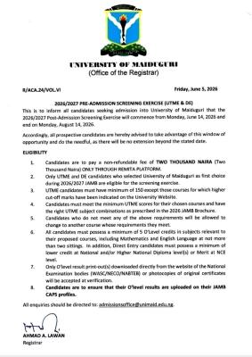 UNIMAID Post-UTME 2026: Cut off mark, Eligibility and Registration Procedures
