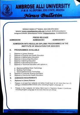 AAU Diploma programme admission for 2022/2023 session