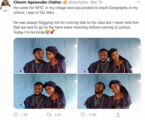 Lady marries an ex-corps member who taught her in secondary school