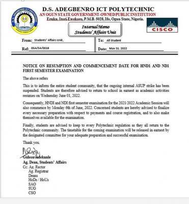 DS Adegbenro Polytechnic notice on ND I & HND I first semester exam, 2021/2022
