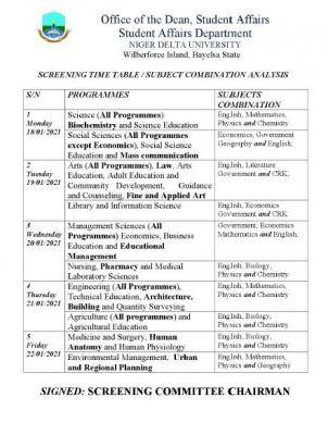 NDU Post UTME screening timetable for 2020/2021 session