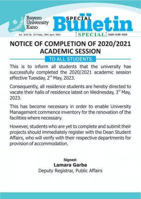 BUK notice on completion of 2020/2021 academic session