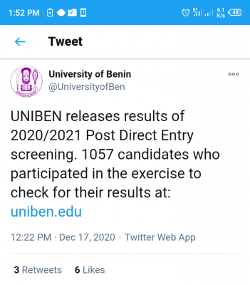 UNIBEN Direct Entry Screening Results, 2020/2021 Out