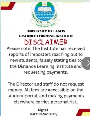 UNILAG Distance Learning Institute issues notice on imposters trying to defraud students