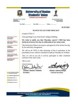 UI student Union notice to students on lecturer-free day