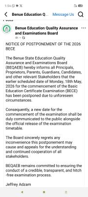 Benue State Education Quality Assurance and Examinations Board postpones 2026 BECE