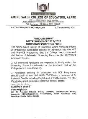 Aminu Saleh College of Education NCE & PRE-NCE Admission form for 2022/2023