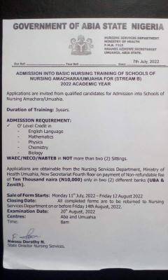 School of Nursing Umuahia Batch B Admission, 2022