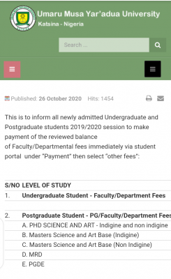 UMYU notice to newly admitted undergraduate and postgraduate students, 2019/2020 session