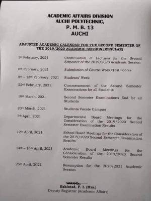 Auchi polytechnic adjusted academic calendar for 2019/2020 session