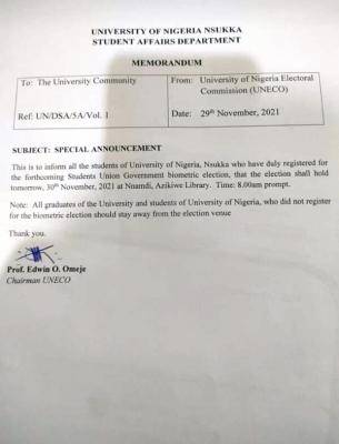 UNN notice on SUG election date