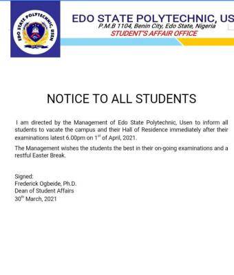 Edo State Poly directs students to vacate hostels immediately after their exams