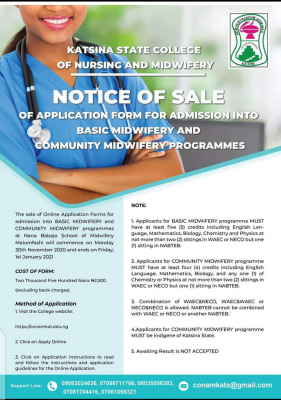 College of Nursing, Katsina 2020 admission into Basic Midwifery and Community Midwifery