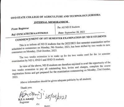 OYSCATECH notice on commencement of 1st semester exam by ND II students