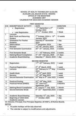 School of Health Technology, Alkaleri approved academic calendar, 2024/2025