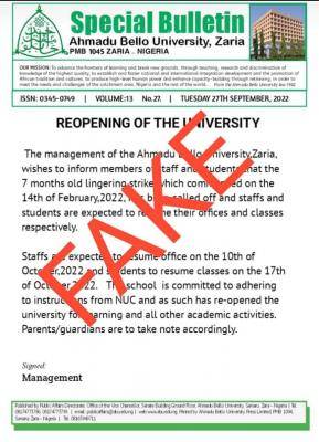 ABU disclaimer notice on resumption of academic activities