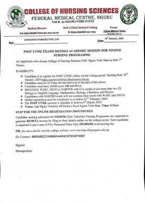 College of Nursing science Nguru ND/HND Admission, 2023/2024