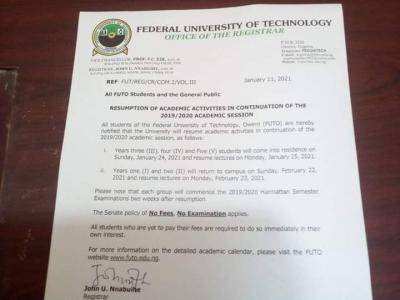 FUTO announces resumption for continuation of 2019/2020 session