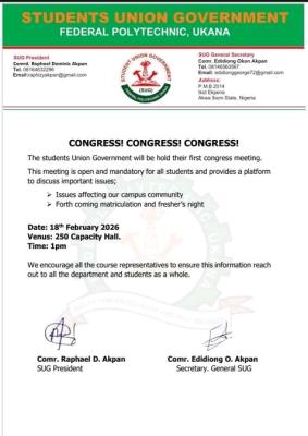 Fed Poly Ukana SUG announces 1st congress meeting, says it is mandatory for all students