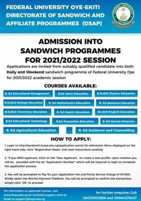 FUOYE Sandwich Admission, 2021/2022