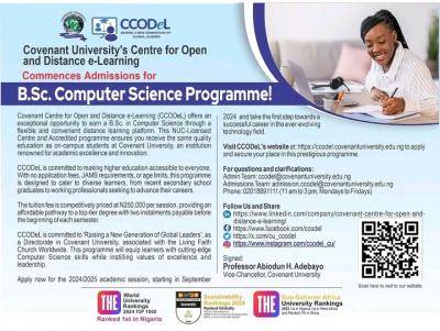 Provisional Admission to Covenant University for Bachelor of Computer Science, 2024/2025