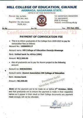 Hill College of Education notice on Payment of convocation fee