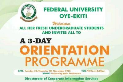 FUOYE announces orientation for freshers, 2023/2024