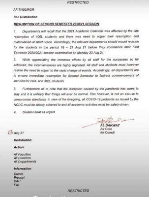 AFIT notice on 2nd semester resumption, 2020/2021