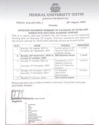 FUDUTSE releases revised academic calendar, 2023/2024