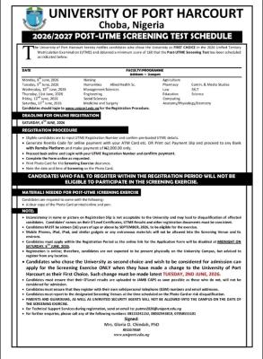 UNIPORT Post-UTME screening schedule, 2026/2027