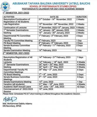 ATBU Postgraduate Academic Calendar, 2021/2022