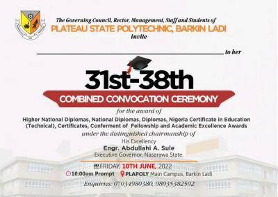 Plateau State Polytechnic announces 31st - 38th combine convocation ceremony
