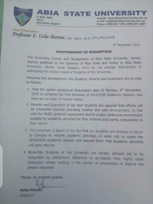 ABSU postpones resumption of academic activities