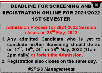 UNILAG SPGS deadline for screening and online registration for 1st semester, 2021/2022