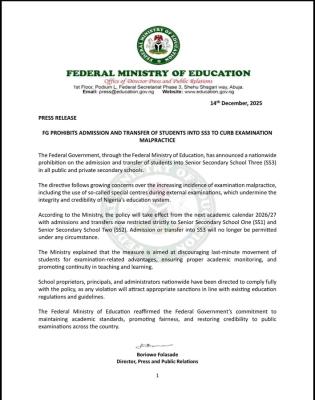 FG bans admission, transfer of students into SS3 nationwide