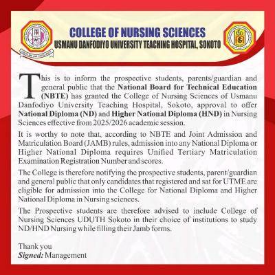 UDUTH gets NBTE accreditation for ND & HND in Nursing