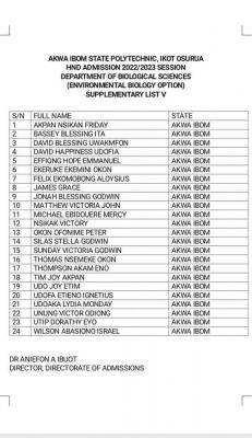 Akwa Poly HND supplementary V admission list, 2022/2023