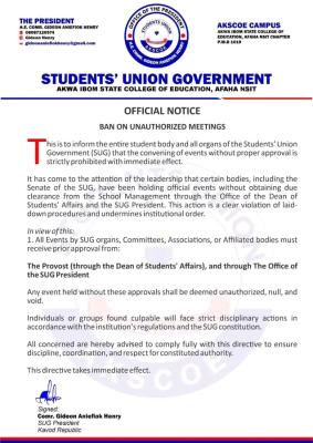 Akwa Ibom State College of Education, Afaha Nsit SUG bans unauthorized meetings and events