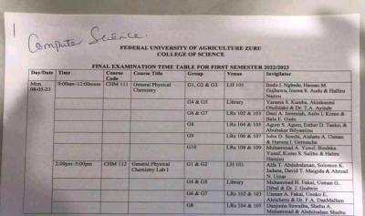 FUAZ 1st semester final examination timetable, 2022/2023