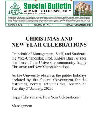 ABU notice on resumption date after Christmas and New Year festivities