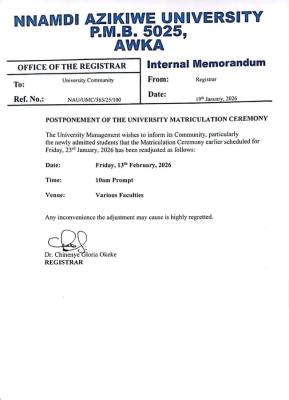 UNIZIK postpones 2025/2026 matriculation ceremony