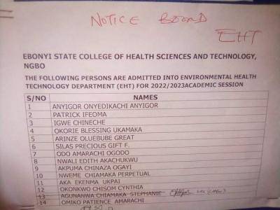 Ebonyi State College of Health Science and Technology Admission List, 2022/2023