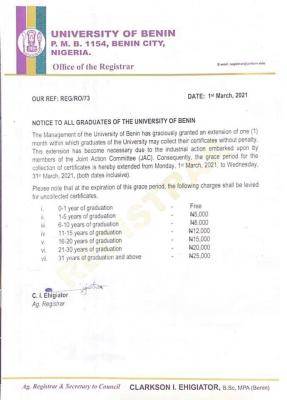 UNIBEN notice to graduates on collection of certificates