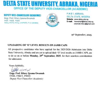 DELSU announces deadline for uploading of O'level results for 2025/2026 admission exercise